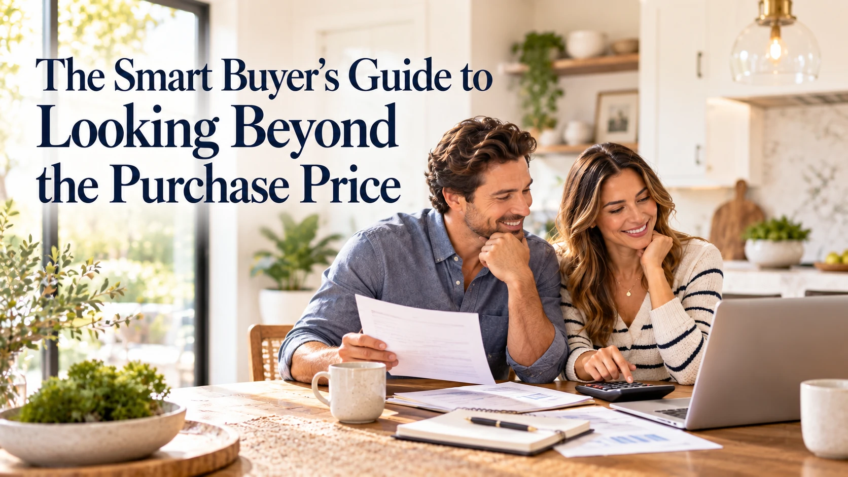 A couple at a kitchen table reviewing paperwork and a calculator, with the title The Smart Buyer's Guide to Looking Beyond the Purchase Price